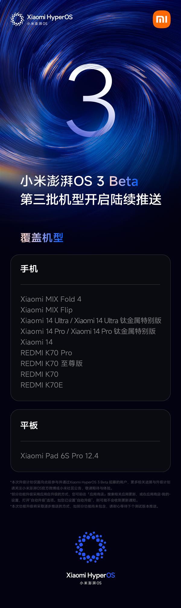 小米澎湃OS 3 Beta版第三批机型开启推送：覆盖小米14